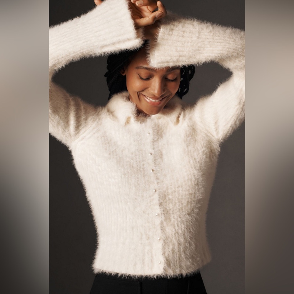Anthropologie Pearl Button Fuzzy Cardigan Sweater - Picture 3 of 7